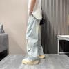 Summer ripped jeans solid color scimitar straight-leg pants men's loose retro wide-leg pants washed jeans