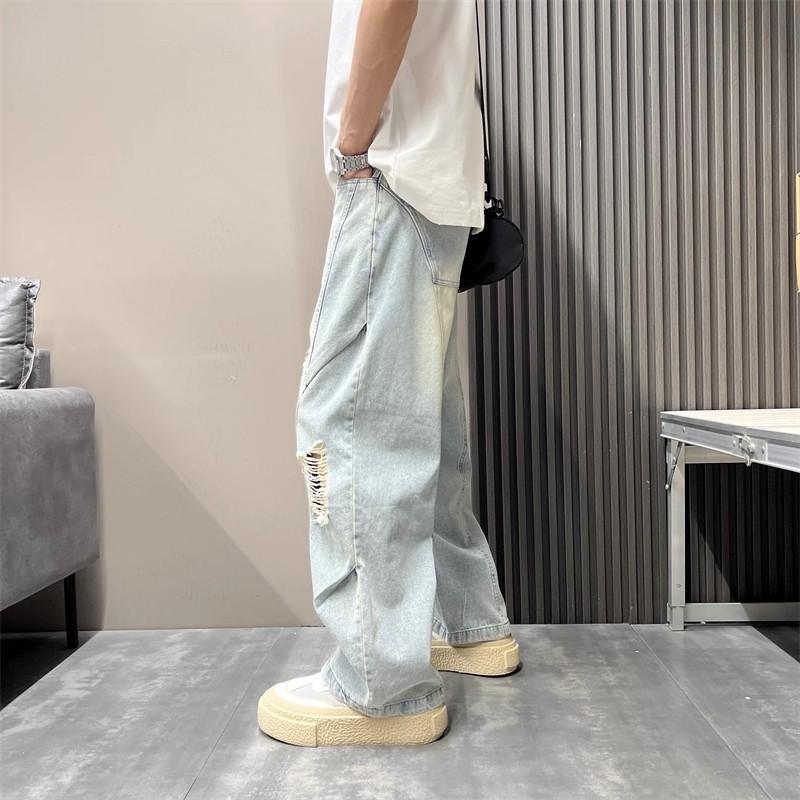 Summer ripped jeans solid color scimitar straight-leg pants men's loose retro wide-leg pants washed jeans