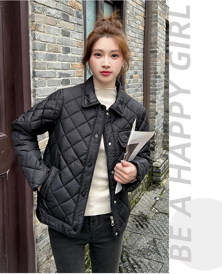 Thin Short Rhomboid Winter Jacket with Turn Down Collar