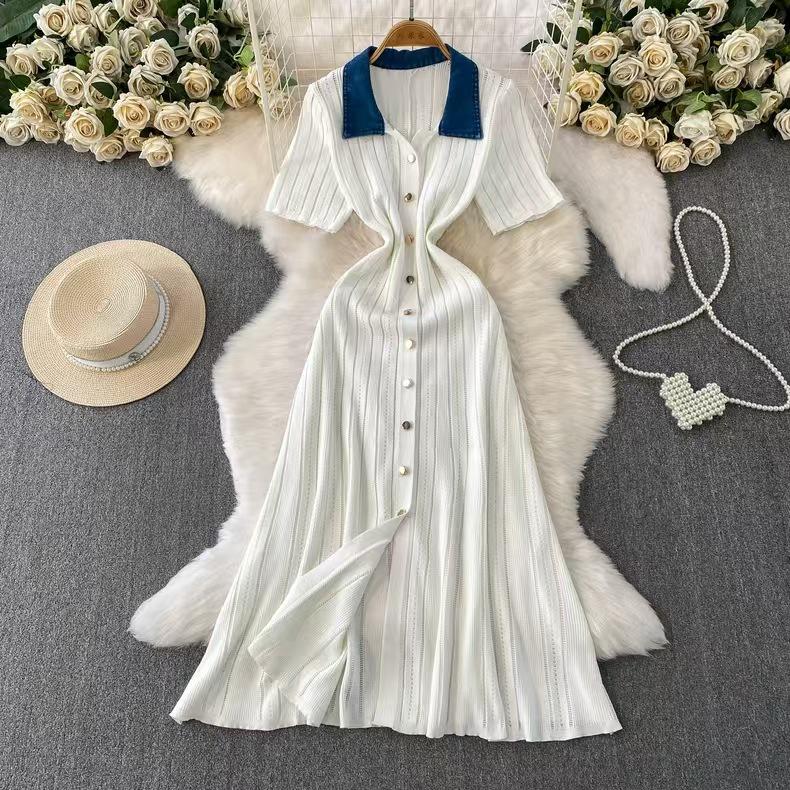 In Stock: S Brand 026 Summer French Women's Short Sleeve Elegant Knit Long Dress