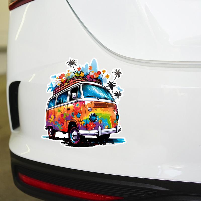 13x14cm Colorful Flowers With Bus Sticker  Vinyl Waterproof Car Decal