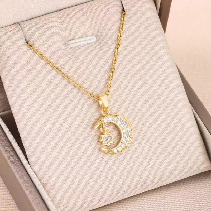 1 Stück Stern und Mond mit Zirkonia Kupfer Anhänger Halskette Mädchen Stil Geschenk Schmuck