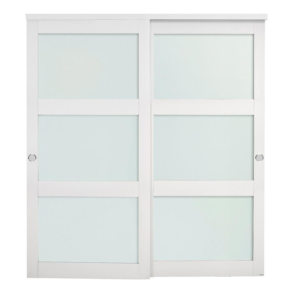 Schiebetür für Kleiderschrank, 1829mm (Doppel 940mm) x 2032 mm, 3-teilige Milchglas-Schiebetüren mit Überlappung und Beschlagsatz, Massivholz & MDF-Platte mit