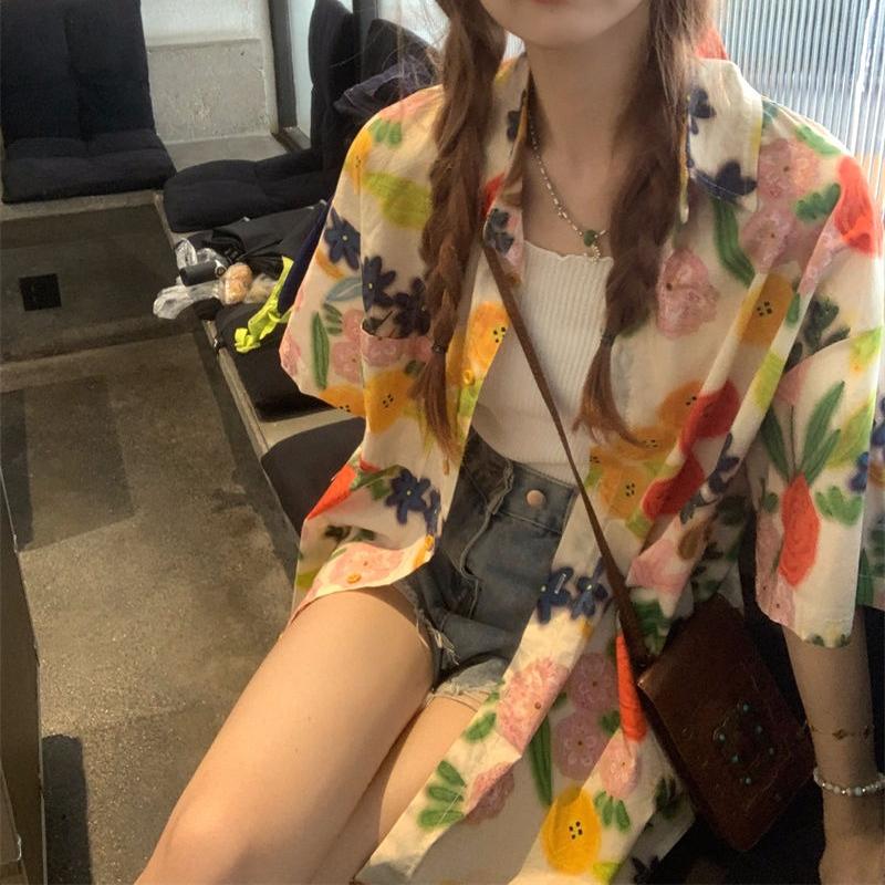 Cute Floral Beach Vacation Style Women's Shirts Summer Loose Casual Cardigan Tops Single Breasted Female's Chic Blouses