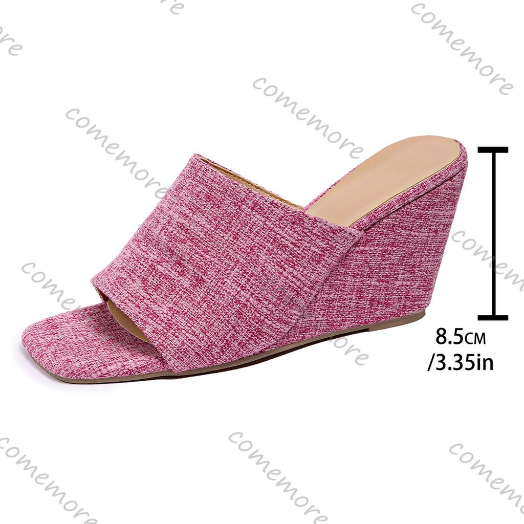 Fashion Comemore Summer Square Head Cloth Slippers Casual Wedge High Heels Fish Mouth Fashion Women's Sandals Slides Solid Roman Slipper