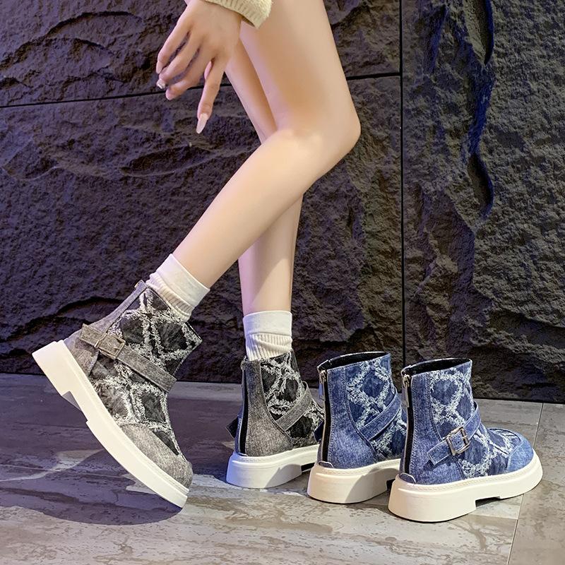 

Fashion thick-soled thin Martin boots autumn new blue small ankle boots gray denim short boots 40 сірий колір