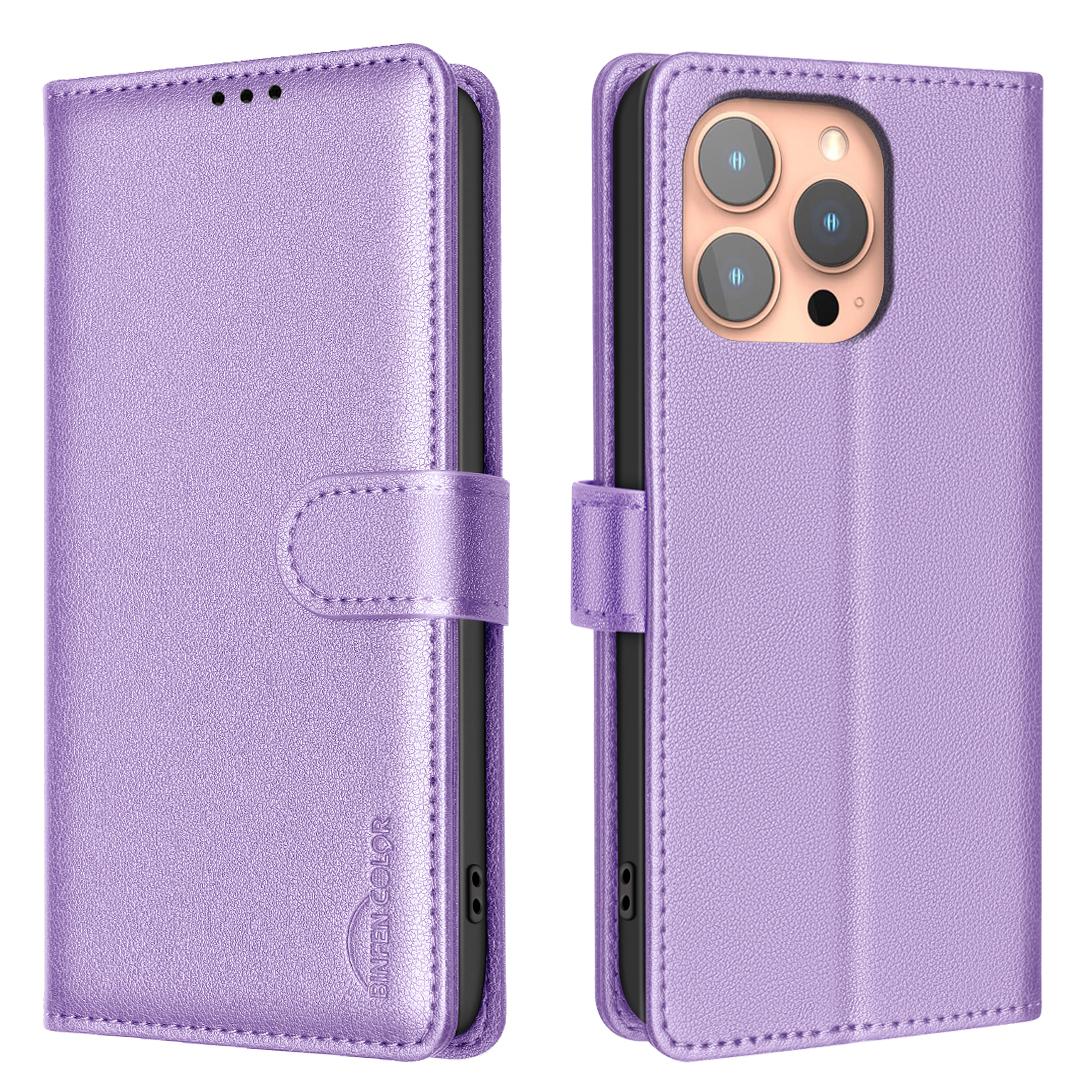 

BINFEN COLOR BF32 For iPhone 15 Pro Case Litchi Texture RFID Blocking Leather Phone Cover Purple