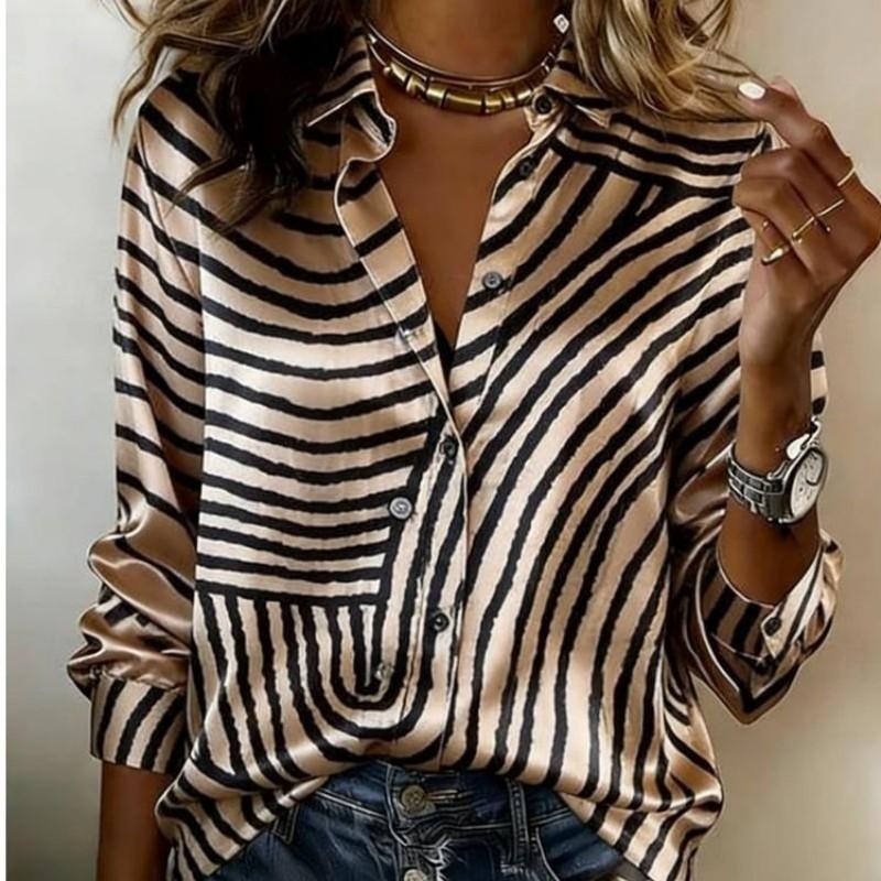 Ladies Silky Satin Contemporary Geometric Line Pattern Printed Shirt Long Sleeve Lapel Collar Button Down Elegant Casual Blouse