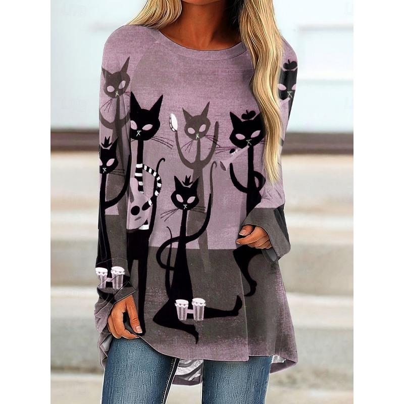 

Women s T shirt Black Cat Long Sleeve Graphic Animal Vintage Stylish Classic Long Sleeve Crew Neck Round Neck Long Tops 3XL