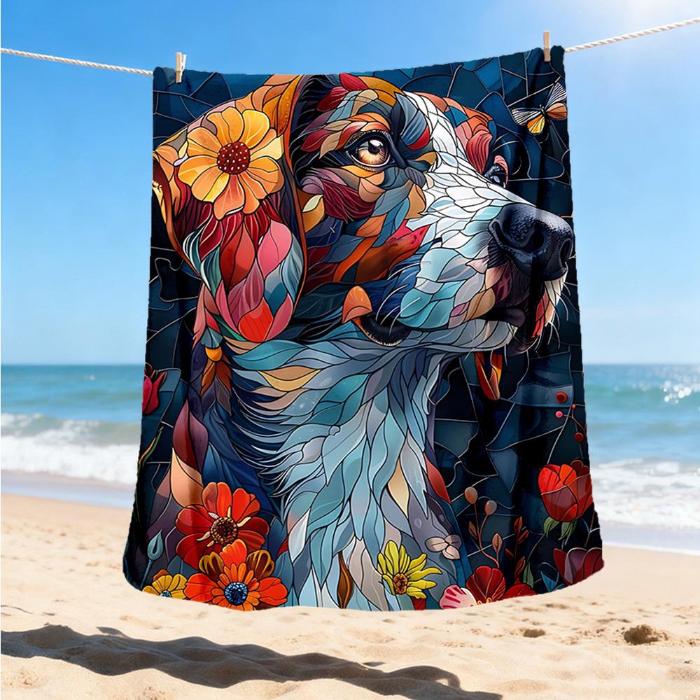 1pc Stained Glass Dog Outdoor Flannel Blanket, Cozy & Warm Soft Te Playful Design, Napping Camping,
