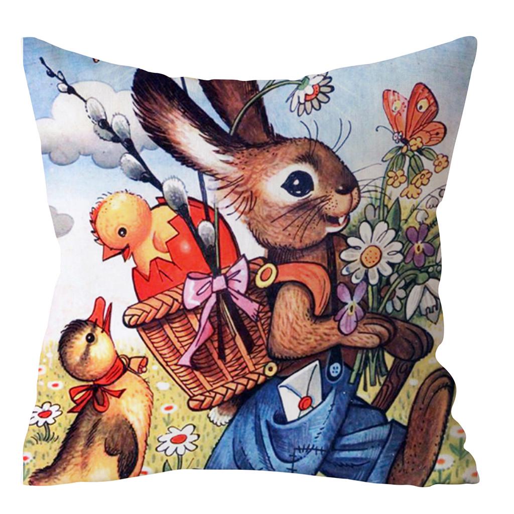 Spring Easter Home Decoration Cushion Cover Square Pillow Case Cartoon Rabbit  Egg Print