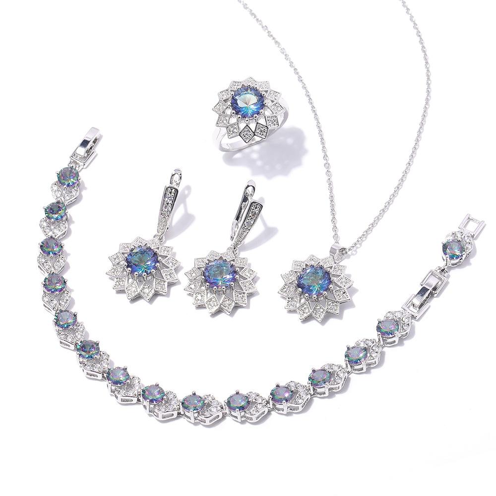 Round Zircon Necklace Earrings Ring Bracelet Set, Copper Set Zircon Platinum Plated Jewelry, Multicolor