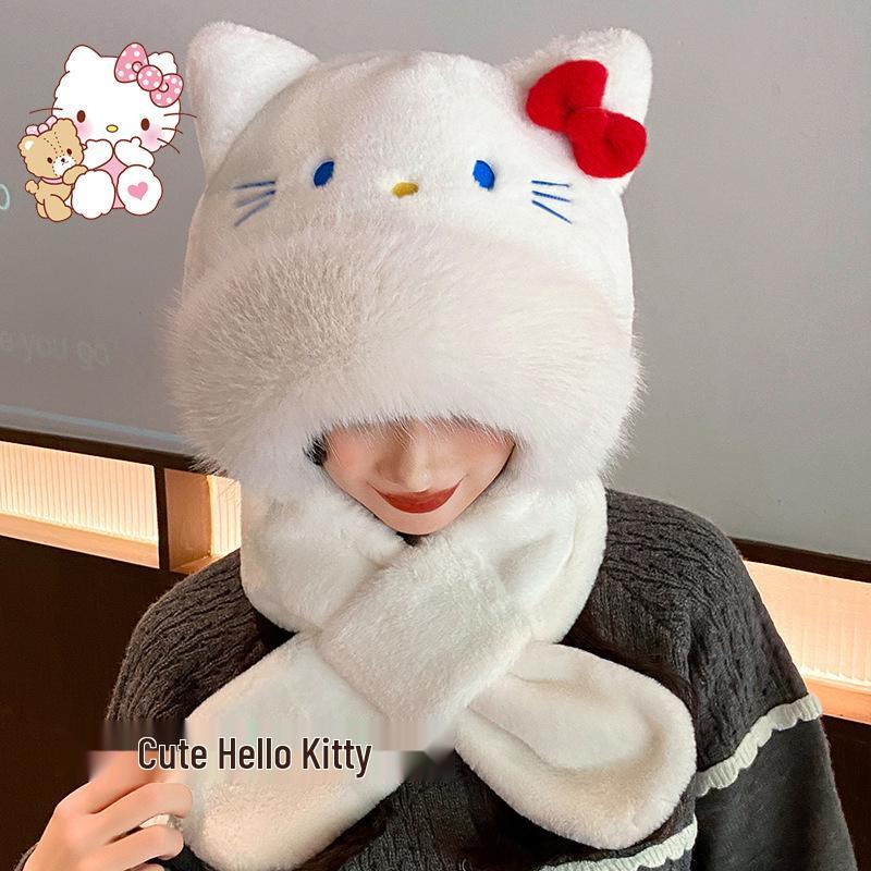 

KT Cat Ears Plush Three-in-One Winter Set: Warm Hooded Scarf, Hat, and Gloves