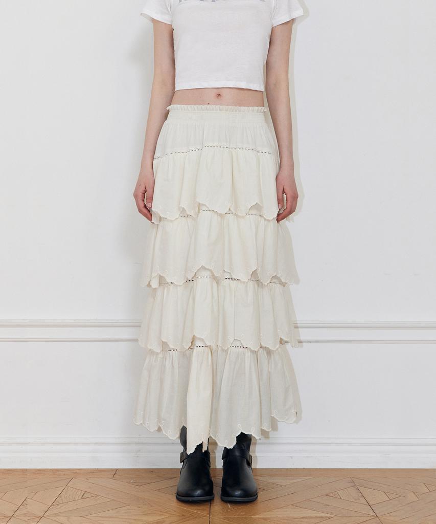 Lady Volume Cut Band Layered Ruffle Skirt (Cream Beige)