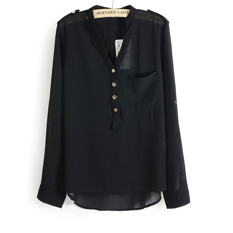 Women Spring Summer V-neck Chiffon Elegant All-match Solid Botton Casual Spirals Shirt Blouse