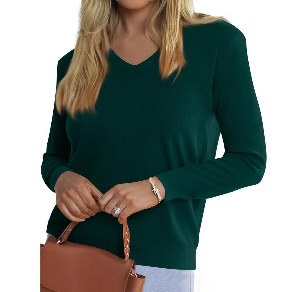 Women's Fashionable Casual V Neck Solid Color Long Sleeve Top
