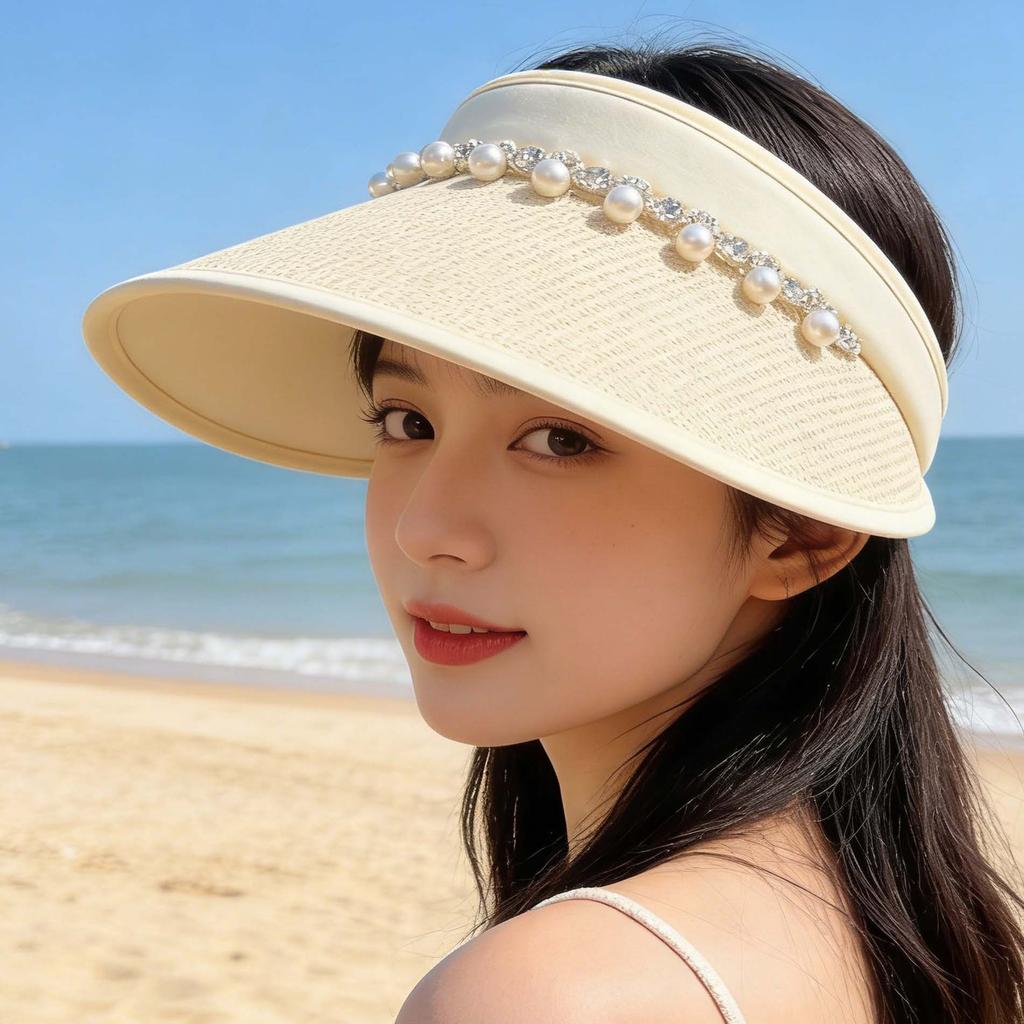 Light Luxury Pearl Rhinestone Empty Top Hat Women's Summer Outdoor Travel Light Big Brim Vinyl Sun Hat