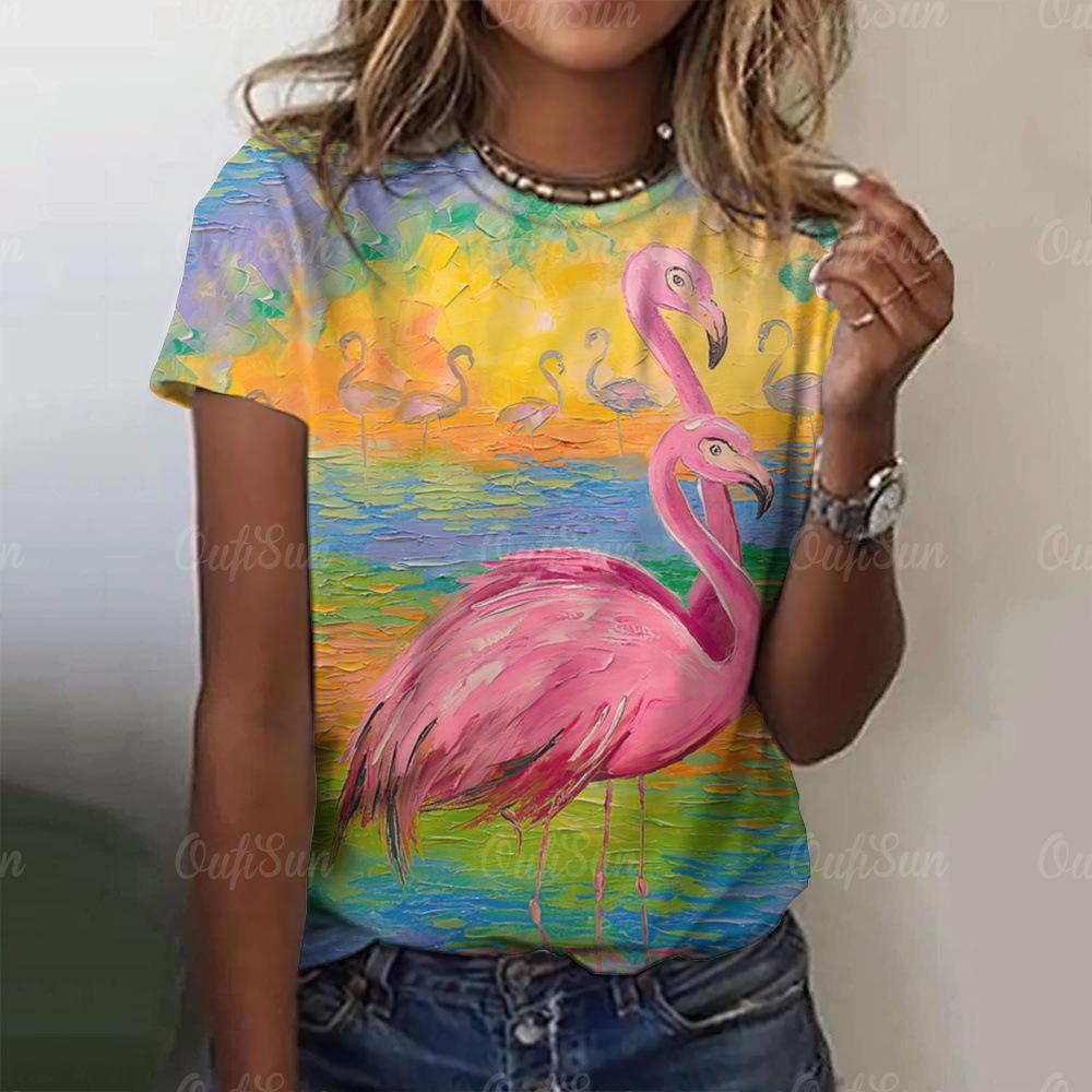 Flamingo print women's round neck T-shirt 3D digital print elegant T-shirt women's top03176 KTB
