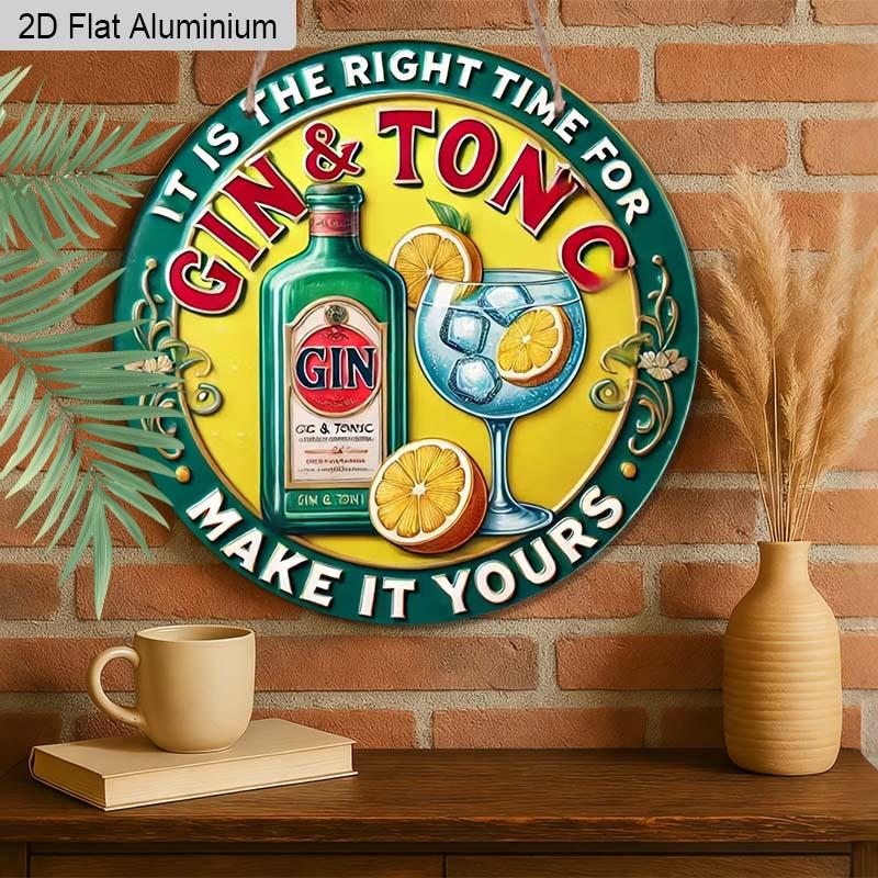 2D Flat 1pc Retro Bar Aluminum Decoration Plaque, "It's The Right Time for Gin & Tonic" Lettering Sign, Home Bar Decor, Pub Decor, Kitchen Decor