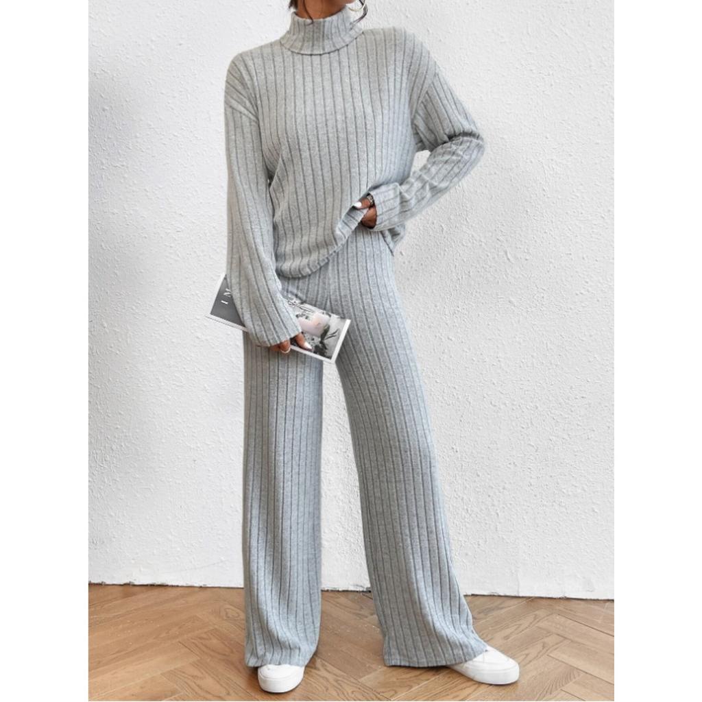 Casual Two-Piece Knitted Set with High Neck and Ribbed Texture for Autumn and Winter