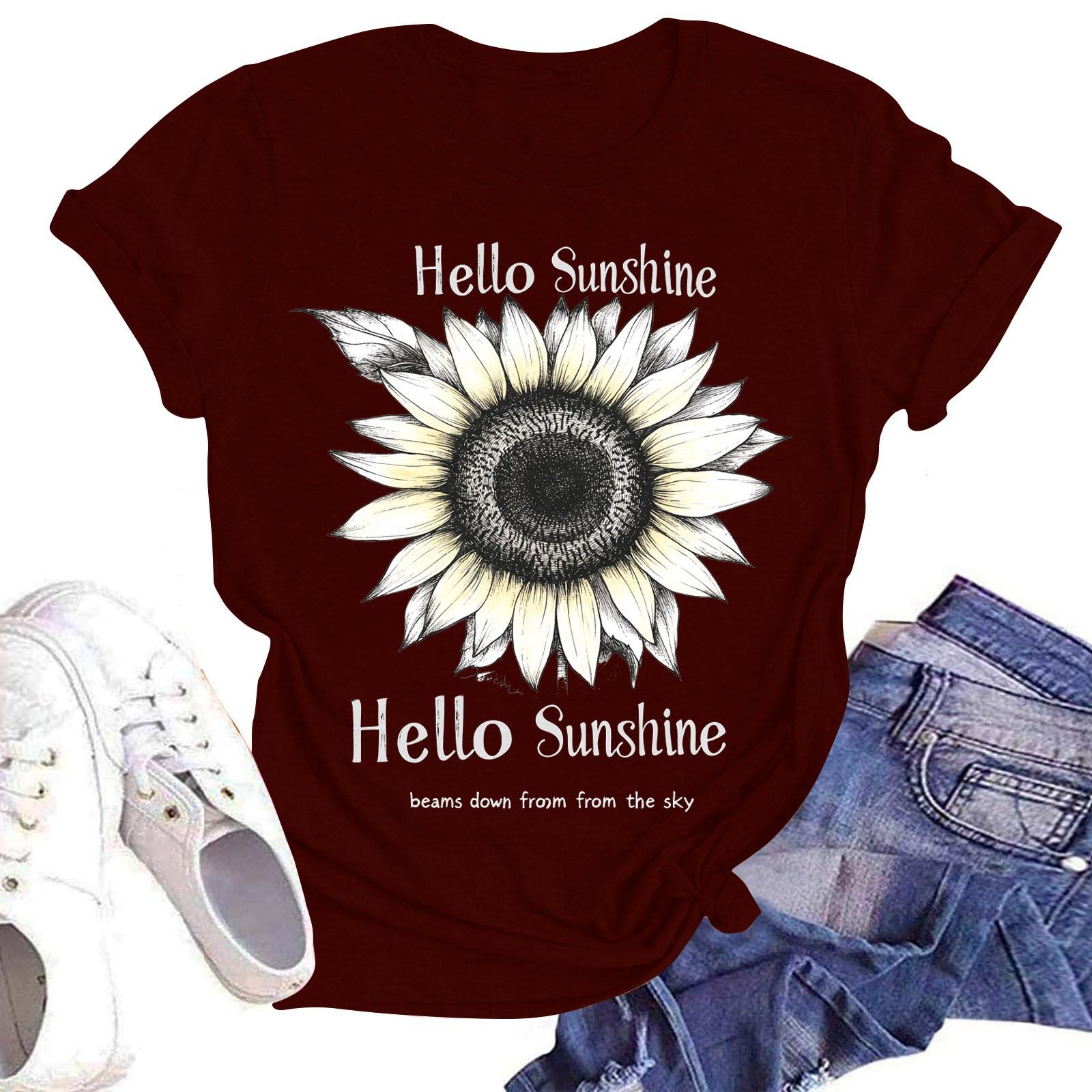 

Женская повседневная модная уличная футболка с коротким рукавом и принтом подсолнухов S винный