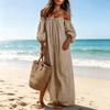 Robe longue d'été rayée pour femme, épaules dénudées, manches bouffantes 3/4, robe longue de plage avec poches