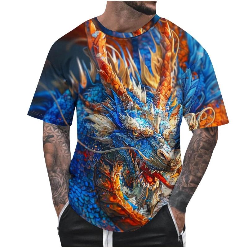Colorful Retro Dragon Pattern T Shirt For Men Cool 3D Printed Tees Casual Streetwear Short Sleeve Round Neck Tops Loose T-Shirts