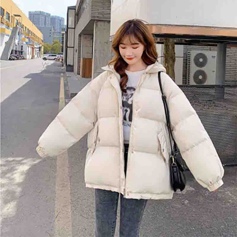 Jachetă de iarnă din bumbac cu glugă pentru femei Parka scurtă, haina caldă, rezistentă la vânt, jachetă îngroșată de puf, culoare solidă