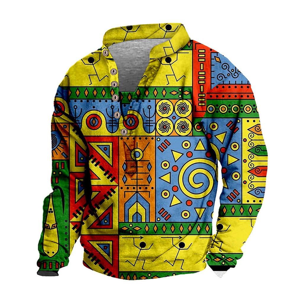 Pullover mit V-Ausschnitt für Herren, 3D-Digitaldruck, Stehkragen, 6 Knöpfe, Vintage-Kragen