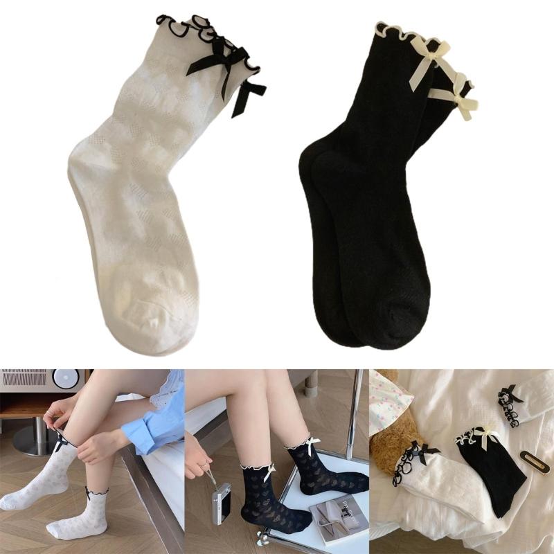 Women's Lolitas Cute Summer Calf Socks Japanese Sweet Bowknot Crew Socks JK Uniform Loose Socks Ruffle Frilly Ankle Sock