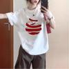 White Apple Print Short Sleeve T-Shirt Women's Summer New Design Niche Right Shoulder Loose Top