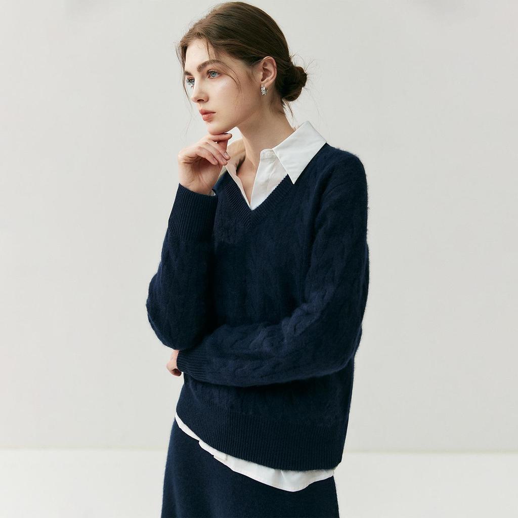 Meng Yi Women's Thick Cable Knit Cashmere V-Neck Sweater - Slimming, Elegant, Loose Fit for Autumn/Winter