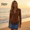 Skin Friendly Apparel Women Tassel Shirt for Autumn, Button Down Slim Fit Fringe Everyday Wear Blouse, Solid Color Casual Long Sleeve Top, Western