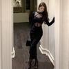 Black mesh splicing hollow long-sleeved dress women's autumn new Spice Girl sexy tight and thin hip skirt