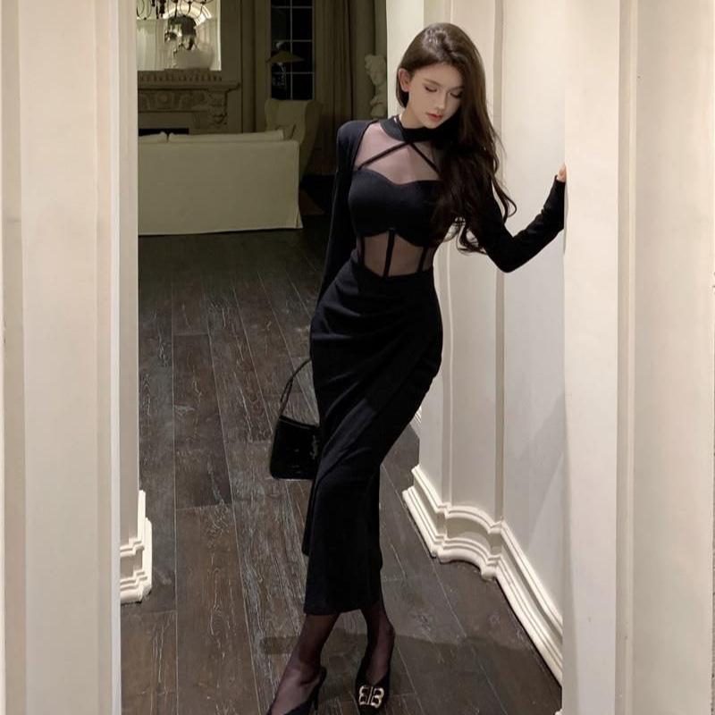 Black mesh splicing hollow long-sleeved dress women's autumn new Spice Girl sexy tight and thin hip skirt
