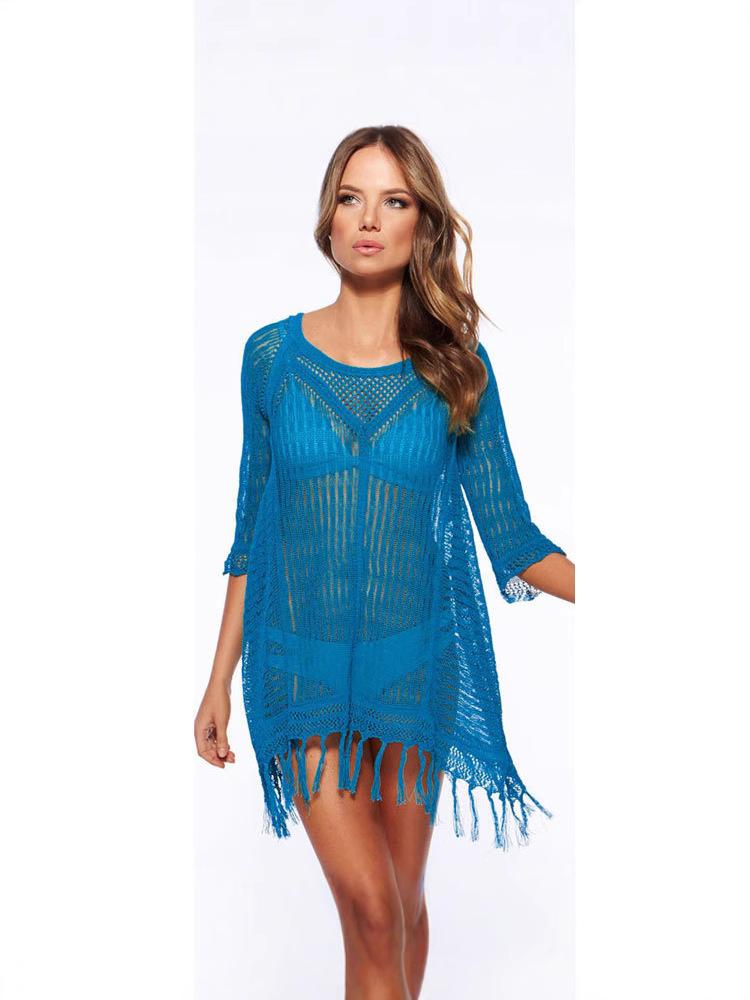 European and American casual hollow knitting fringed beachwear sunscreen beachwear sweater bikini beach blouse