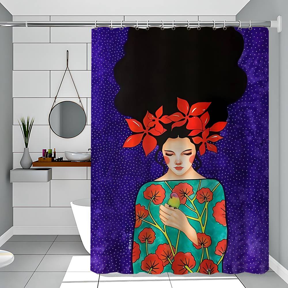 Abstract Girl Hair Flower Bird 1PC Printed Shower Curtain Waterproof Washable With 12 Hooks Bathroom Shower Home Use