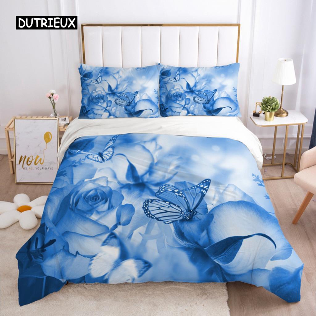 Schmetterlings-Bettbezug-Set, rosa Schmetterlinge, Rosen-Druck, Bettbezug-Set für Mädchen, Teenager, Frauen, Frühlings-Themen-Bettbezug