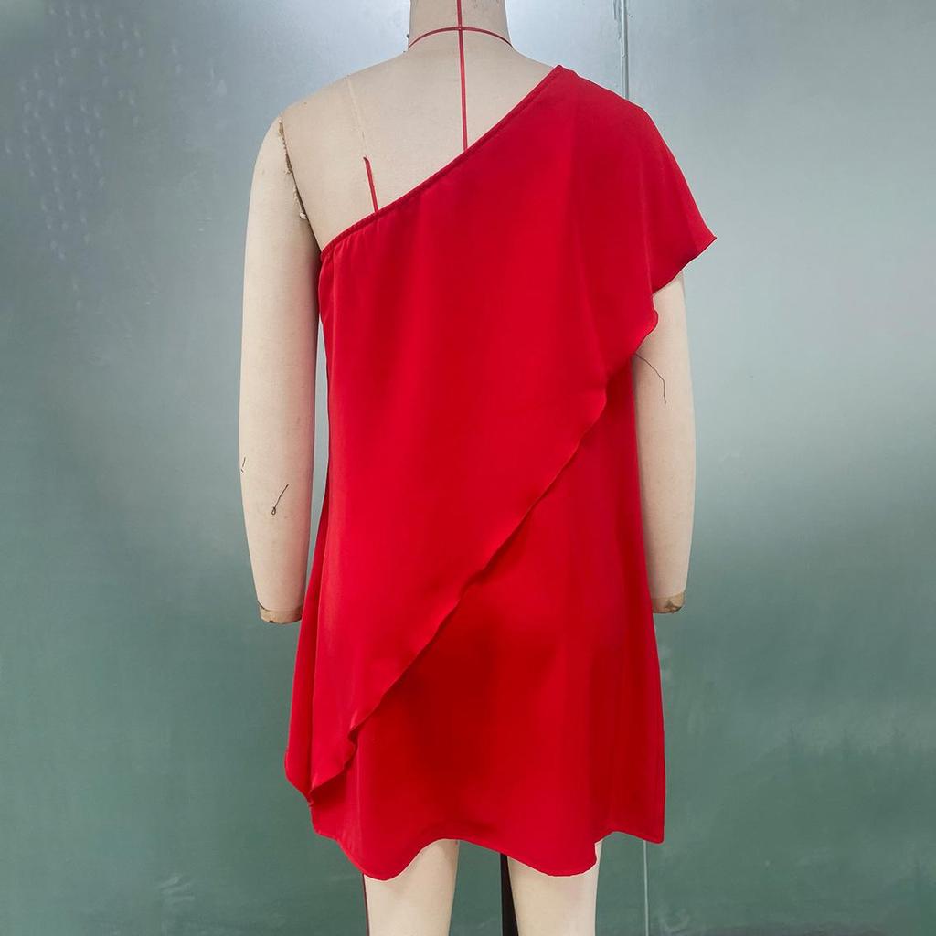 Spring Summer Women Loose Slanted Shoulder Single Sleeve Dresses High Waist Loose Solid Color Sleeveless Mid Length Fake Two Dress S-XL