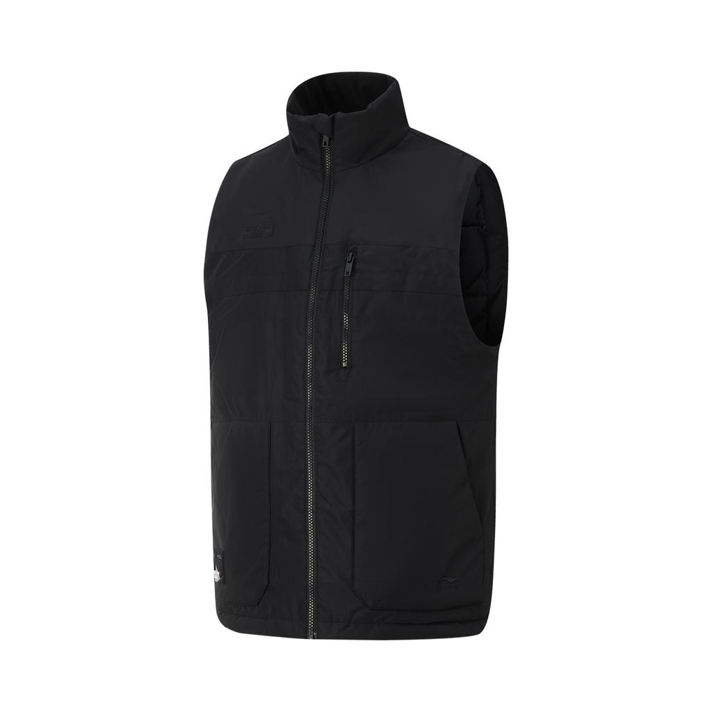 Li-Ning Sports Fashion Series Solid Color Zipper Stand Collar Comfortable Breathable Versatile Down Vest Men vest Black AMRU093-3