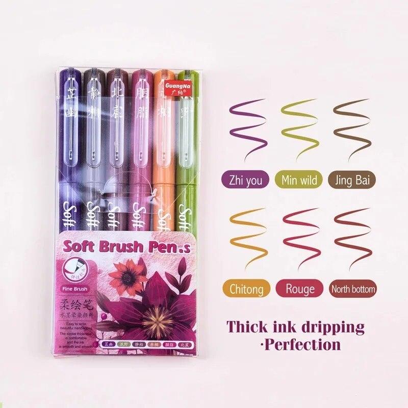 6Pcs Soft Brush Tip Marker Pens Artist Markers Flexible Tip Assorted Colors for Journaling Hand Lettering Calligraphy Draw Practical Use