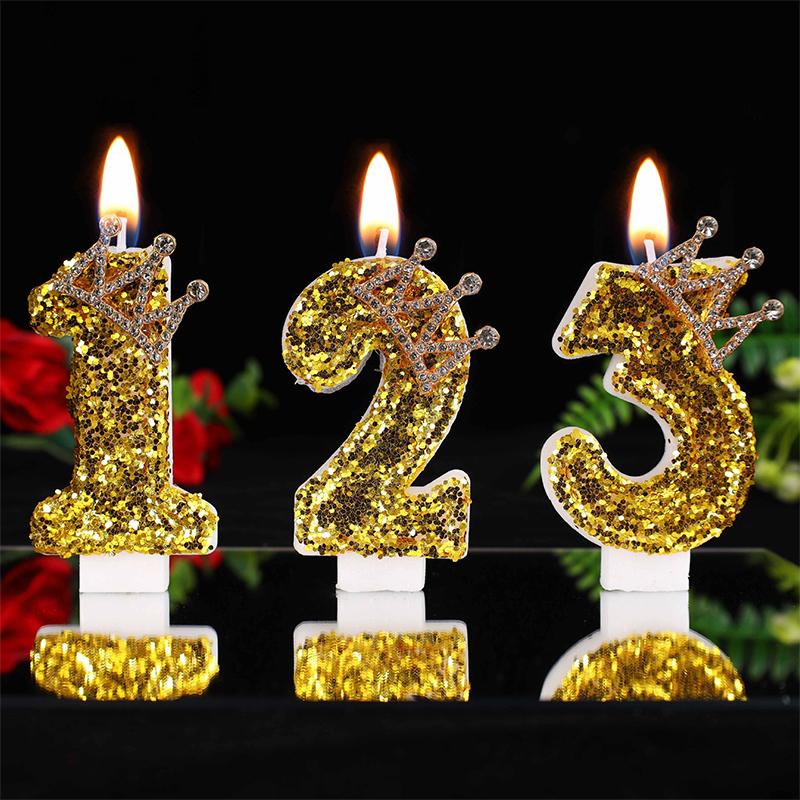 Large Gold 3D Digital Birthday Candle Crown Style Long Burning for Retirement Celebration Party Cake Decor