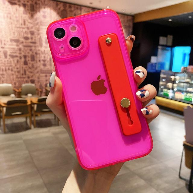 Fluorescent Color Transparent Wrist Strap Phone Case For Iphone 13 12 11 Pro Max X Xr Xs Max 7 8 Plus Se 20 Soft Silicone Cover