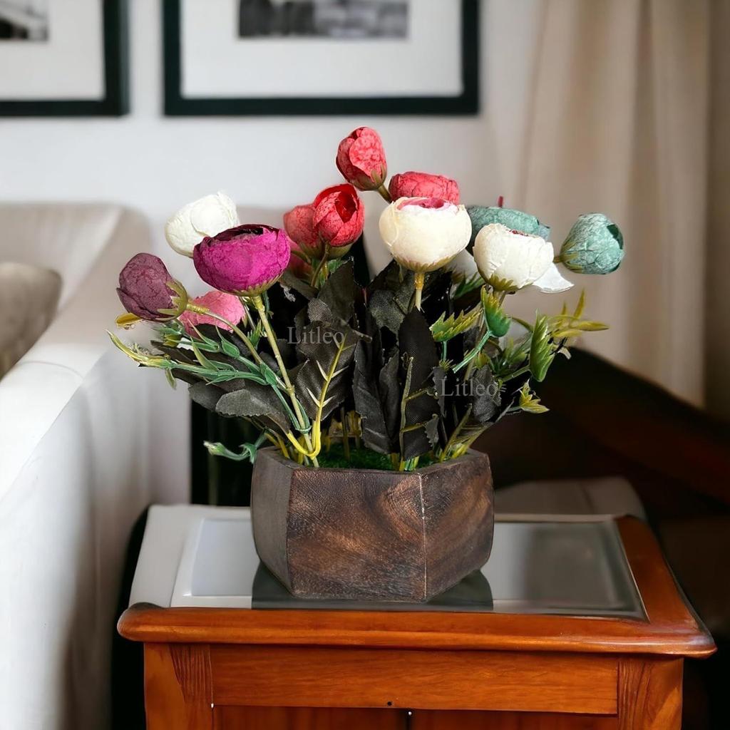 Wooden Pot with Multi-Design Dry Artificial Flowers, Perfect Home Office Gift, Elegant Décor (Multi B)