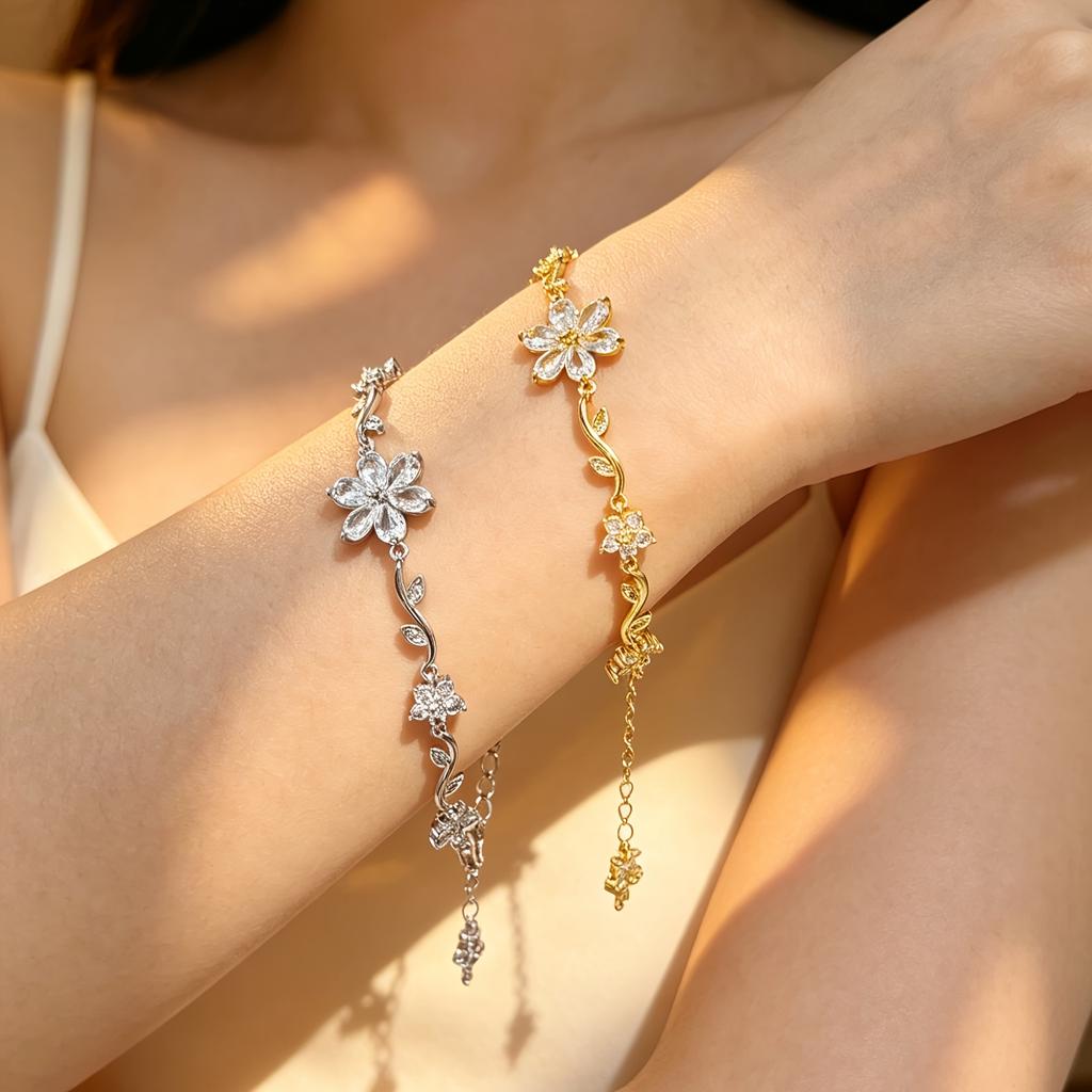 1 Elegant Six-petal Flower Zircon Vine Adjustable Bracelet for Women, Exquisite Jewelry Shiny and Fresh Design Suitable for Daily Commuting, Beach