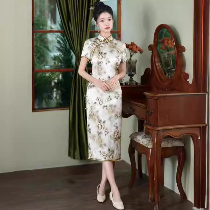 High-end silk cheongsam summer women's 1011 new daily retro improved new Chinese style mulberry silk dress
