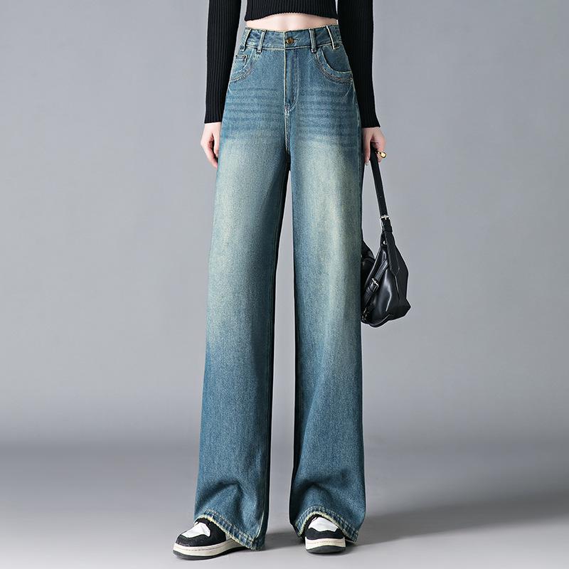 

Женские джинсы с высокой посадкой, прямого кроя, на весну - Свободные, стройнящие, универсальные длинные повседневные брюки XL [116-125] синий