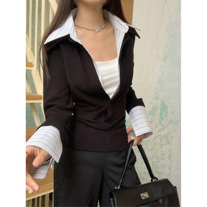 

False Two-Piece Patchwork Lapel Long Sleeves Knitwear Women s Spring & Fall Stylish Waist-Controlled Slim Fit Slimming Bottoming Shirt Tops Black S