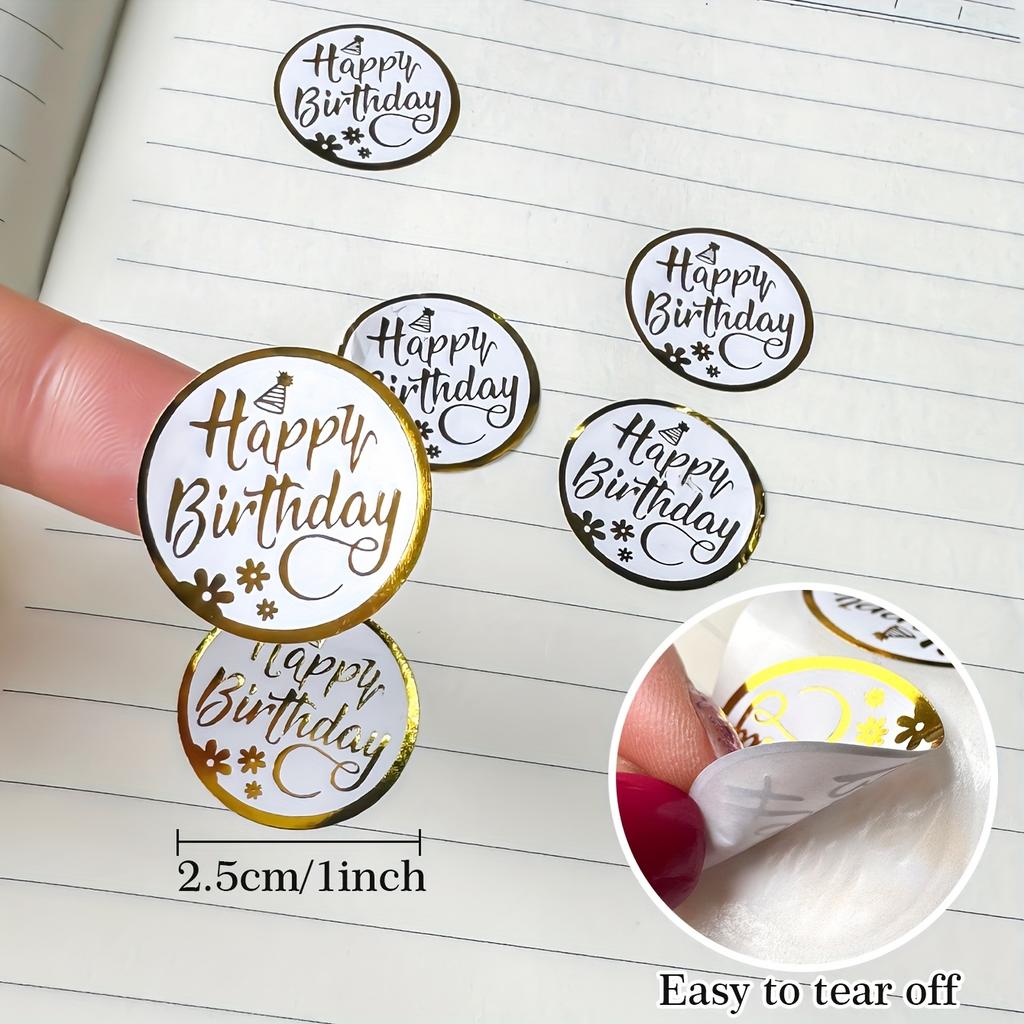 Golden Happy Birthday Stickers, PVC Material, Round, Party Favor, Gift Sealing, Self-Adhesive Label Stickers, for Home, Office, School