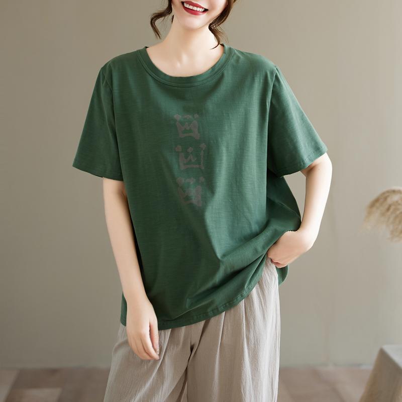 DIMANAF 2026 Summer Women Plus Size New Tees Shirt Vintage Print Short Sleeve Cotton Casual Loose Lady Tops